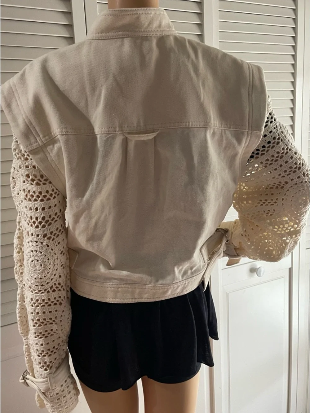 Veronica Beard Cream Crochet-Sleeve Jean Jacket - Picture 3 of 9